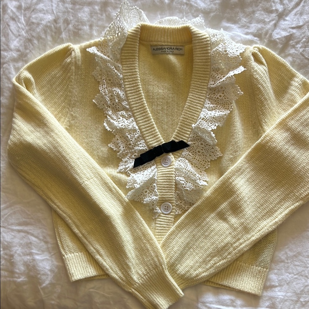 Alessandra Rich Velvet Bow and Lace Butter Cardigan 40
